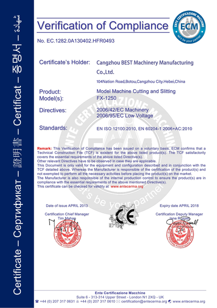 Trung Quốc Cangzhou Best Machinery Co., Ltd Chứng chỉ